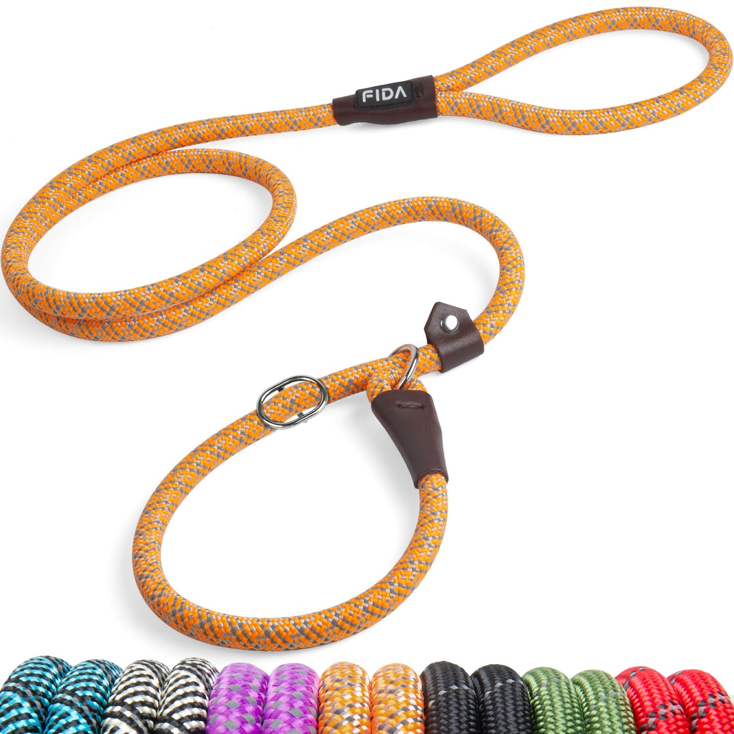 Fida Durable Slip Loop Lead for Large Medium Dogs 6 FT x 1/2" Heavy Duty Comfortable Strong Rope No Pull Pet Training Leash with Highly Reflective Orange